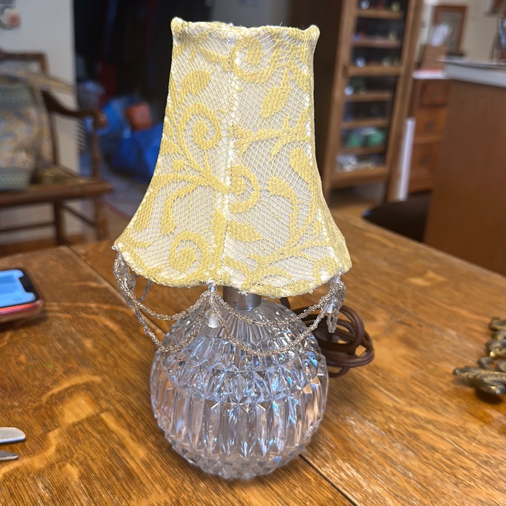 Antique Boudoir lamp with Beaded Lace over silk Lamp Shade Draped Beads